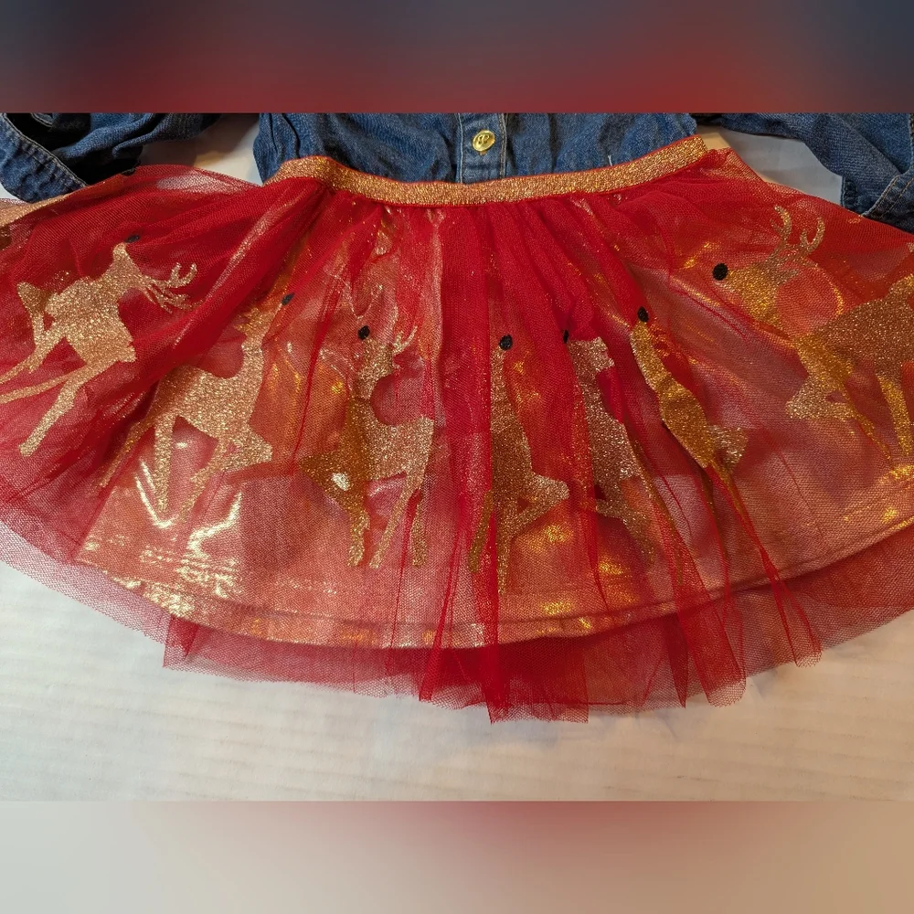 Infants Denim and Red Tulle Dress with Gold Reindeer Size 12 Months